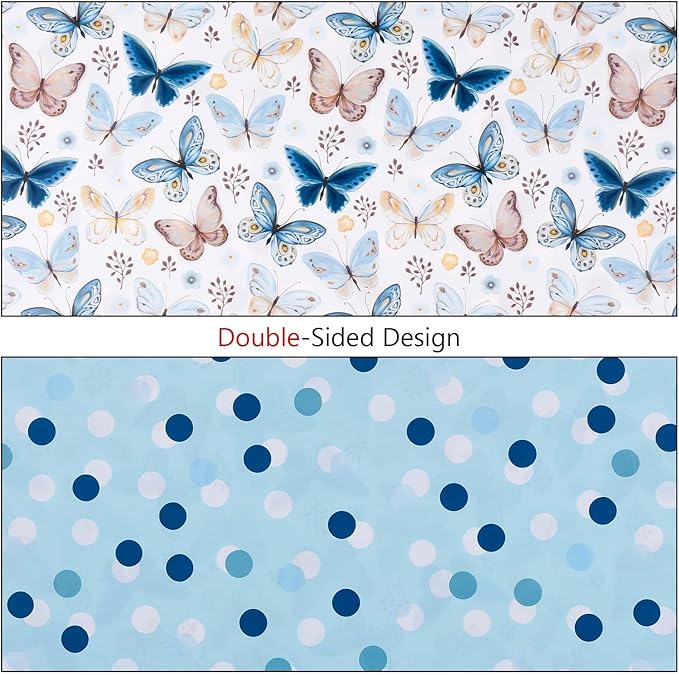 MIMUTI Watercolor Butterfly Wrapping Paper - 17 in X 33 ft - Blue Reversible Gift Wrap with Butterfly, Polka Dots, Flowers, Branches and Leaves - Perfect for Wedding, Mother's Day, Baby Shower