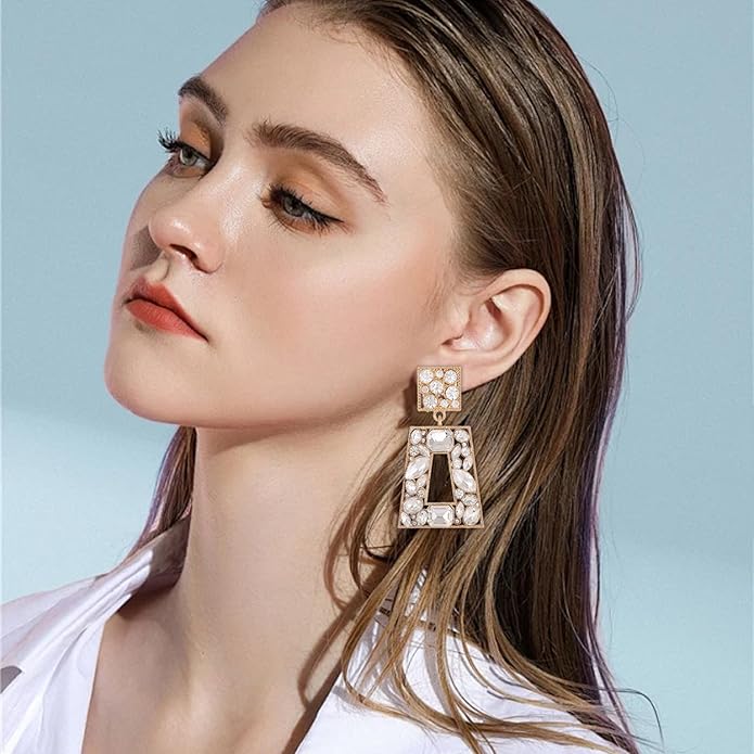 Rhinestone Rectangle Statement Earrings Colorful Crystal Geometric Drop Dangle Earrings for Women Prom Party
