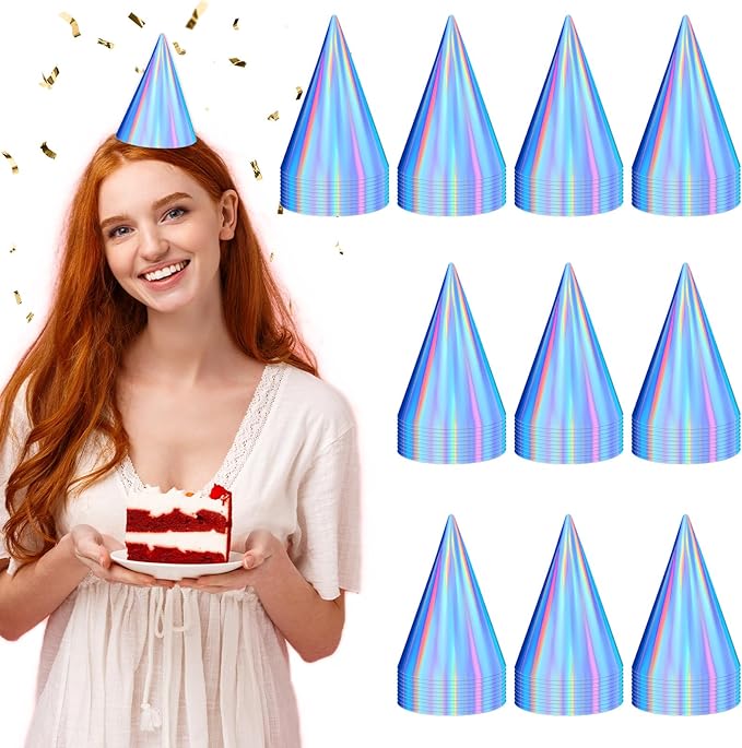 100PCS Iridescent Party Hats, Laser Themed Birthday Party Hat Partys Cone Hat with Elastic String Bulk Partys Hats for Kids and Adults, Colorful Birthday Hatss