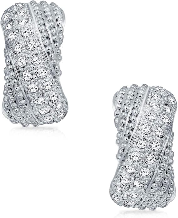 Fashion Bridal Wedding 3 Row Pave Crystal Dome Endless Hinged Huggie Hoop Clip On Earrings For Women Non Pierced Ears Yellow Gold Silver Plated