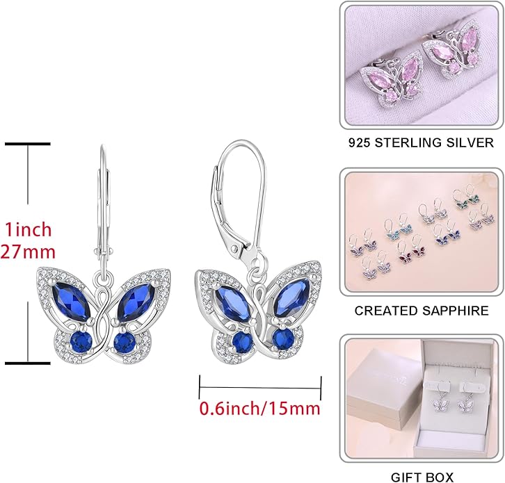 Starchenie Butterfly Earrings for Women 925 Sterling Silver Leverback Earrings Birthstone Butterfly Jewelry Gifts