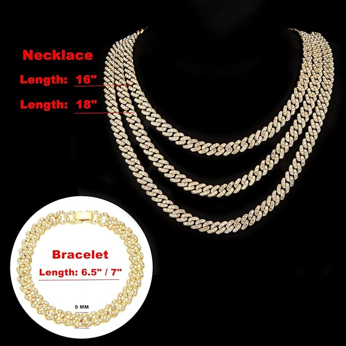 HH BLING EMPIRE 14k Gold/Silver Cuban Link Chain for Women Iced Out Diamond Chunky Cuban Link Necklace Chain Bracelet 2pcs Sets