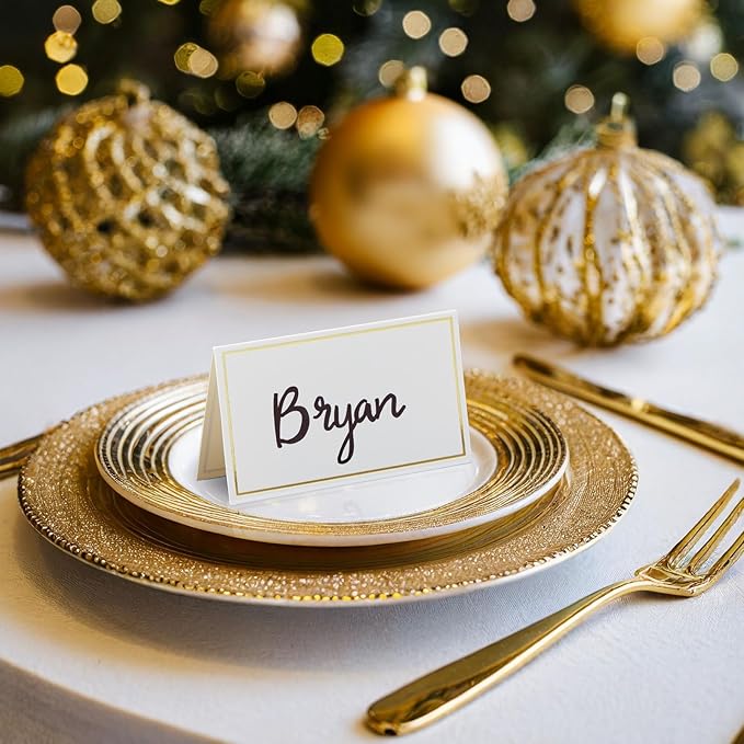 Best Paper Greetings Place Cards for Table Setting - 3.5 x 2 In Folded, Pack of 100, White & Gold - Wedding Name Cards for Reception Seating Chart & Banquet Use