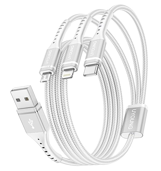 Multi Charging Cable 2Pack 4FT, 3 in 1 Charger Cable Braided Universal Phone Charging Cord with Lightning/Type C/Micro USB Ends, Multiple USB Cable for iPhone 16 15/Samsung/Google Cell Phones and More