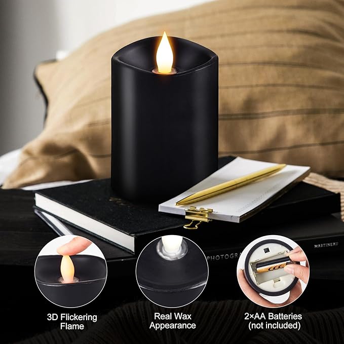 3x4 Flickering Flameless Candles Set of 1,Real Wax Pillar led Candles Flickering,with Timer,4 inch Flameless Candles with Remote,for Holiday Home Decor Party,Black