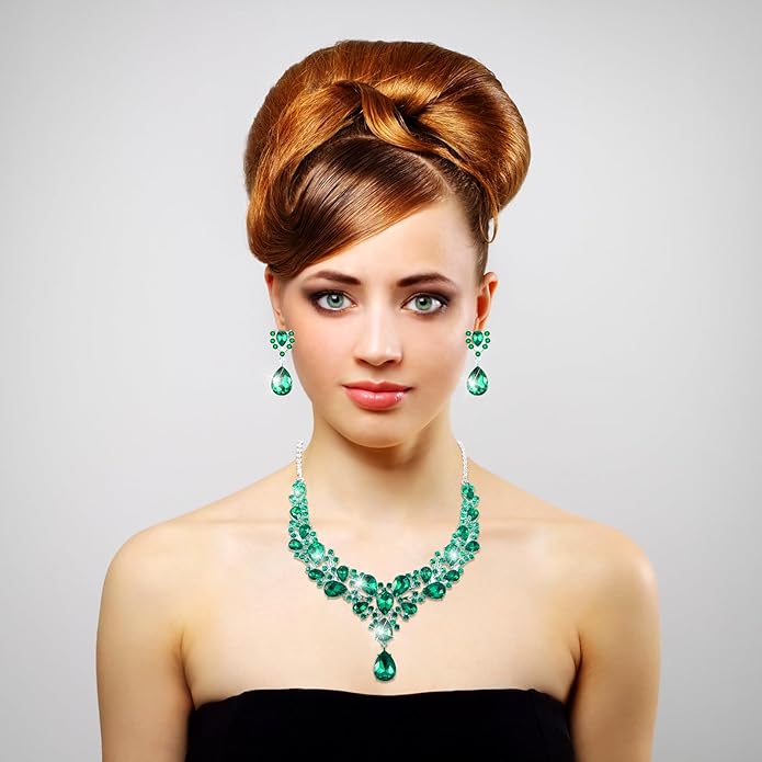 Hicarer Bridal Teardrop Cluster Crystal Jewelry Set for Women Necklace Earrings Wedding
