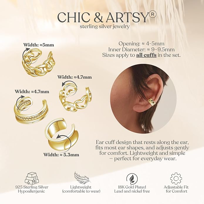 CHIC & ARTSY 925 Sterling Silver Ear Cuffs for Women, Non Piercing Clip On Cartilage Cuffs, Adjustable Fake Conch & Helix Earrings, Gold Plated & Oxidized Various Styles