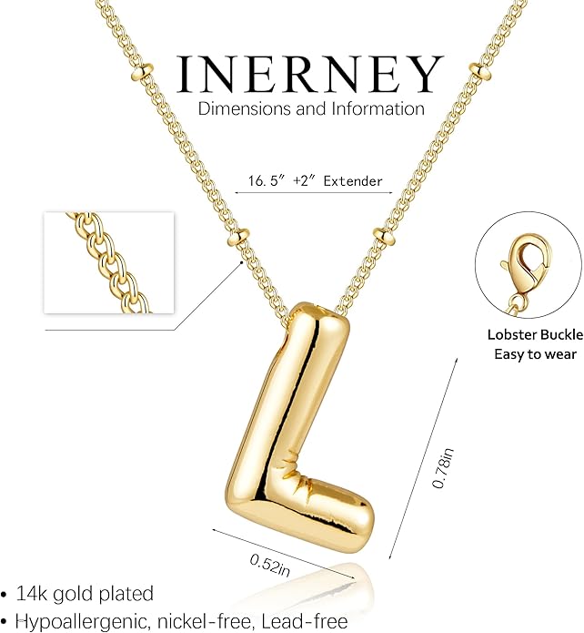 Inerney Valentines Day Gifts Gold Bubble Letter Necklace Initial Necklaces for Women, Chunky 14K Plated Balloon Initials, Trendy Charm Non Tarnish Custom Name Pendant Jewelry Gifts for Mom