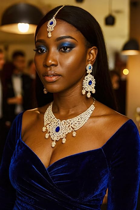Touchstone Indian jewelry sets for women tikka wedding necklace costume guest statement bollywood rhinestones crystal faux pearls gold big royal neck piece set bridal fashion accessories