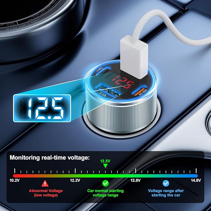 Car Phone Charger for iPhone 16 15, Besgoods USB C Car Charger Adapter 4 Ports with Voltmeter PD&QC Fast Charging Cigarette Lighter for Galaxy S25 S24 S23 A54 A15 Dash Cam, with 6ft USB C to C Cable