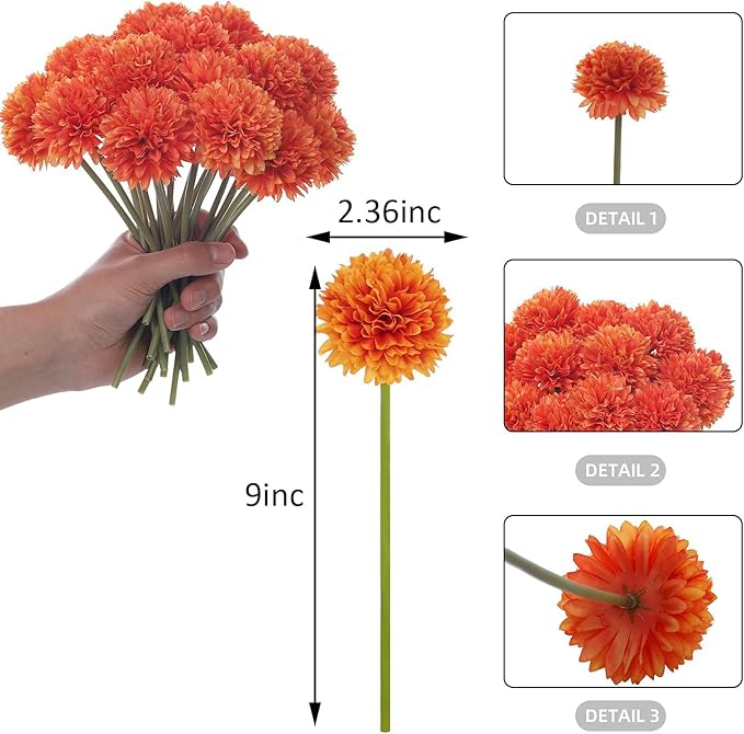 Kimura's Cabin 20Pcs Orange Fake Mums Flowers Artificial Silk Chrysanthemums Faux Ball Flower for Wedding Arrangement Fall Bouquets Home Table Decoration Halloween Thanksgiving Decor(Orange)