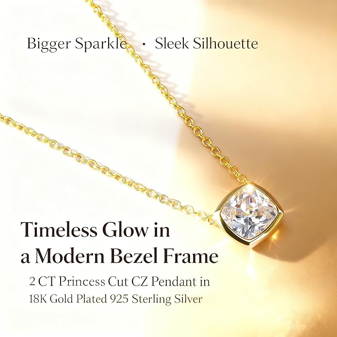 MISS MIMI Solitaire Cubic Zirconia Necklace for Women, 1–3 CT Round,Heart,Princess Cut CZ Options, Bezel or Prong Set in 925 Sterling Silver, Adjustable 16–20" Minimalist Everyday Jewelry