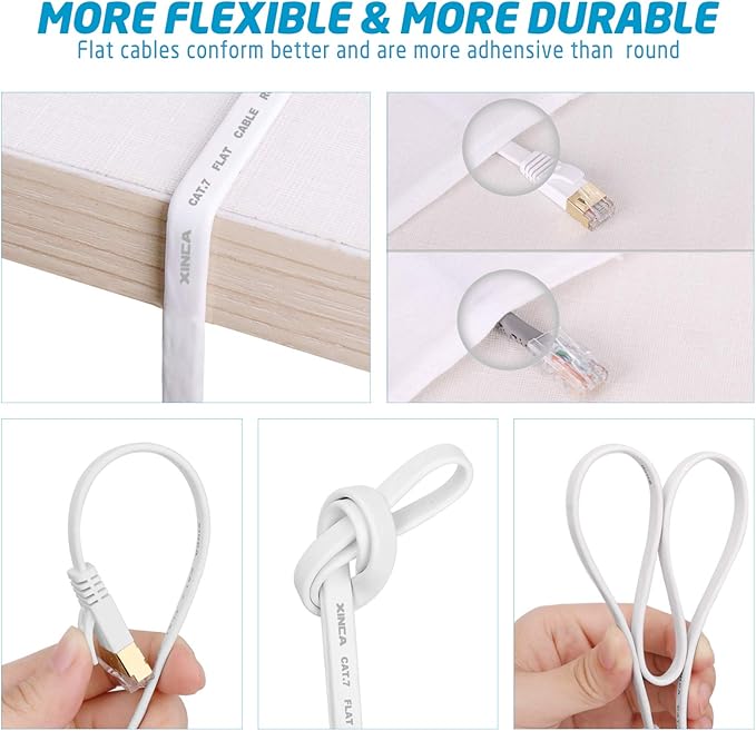 Cat 7 Flat Ethernet Cable 50ft White, High Speed 10GB Shielded (STP) LAN Internet Network Cable Ethernet Patch Computer Cable with Rj45 Connectors and 25pcs Adhesive Cable Clips