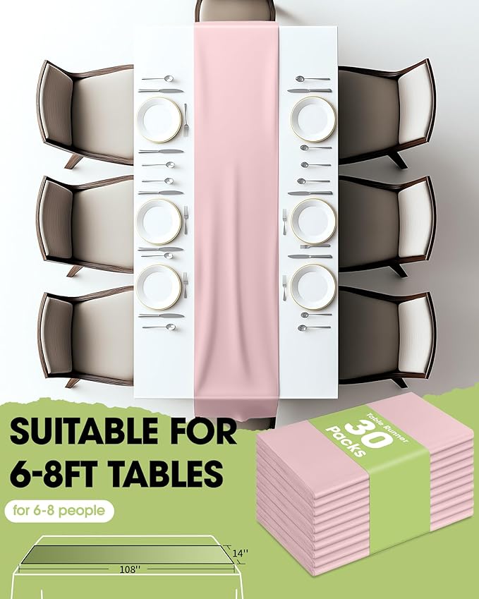 Pureegg Dusty Pink Plastic Table Runners - 30 Pack, 14'' x 108'', Water Resistant & Disposable Centerpiece Decorations for Table Cloth, Wedding, Birthday, Holiday, Baby Shower, Party, Home Decor
