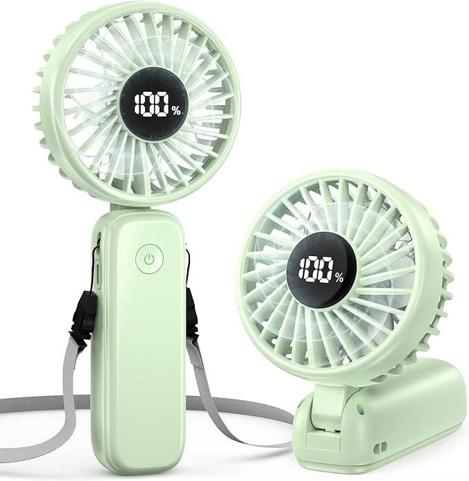 Portable Handheld Fan, 5000mAh Rechargeable Battery, Max 15H Cooling, 4 Speeds, LED Display, Foldable Design, 3-IN-1 Personal Pocket Fan with lanyard for Travel Outdoors Makeup Concert Commute