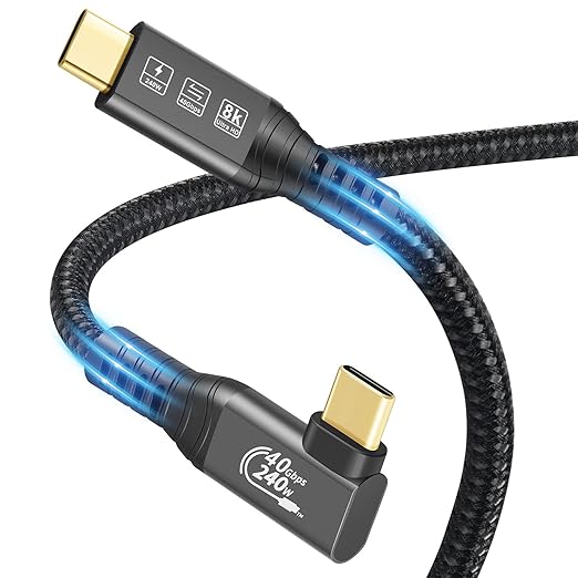 USB4 Cable, with Thunderbolt 4, 240W Charging, 40 Gbps Data Cable, 8K @ 60Hz HDR, USB C to USB C Cable, 90Degree for Hub, Dock MacBook, M2, M3, Mac SSD (90Degree USB4 40G 240W 0.5M)
