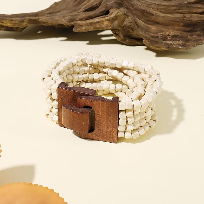 Coiris Boho Bangle Bracelets for Women Wooden Beaded Bracelets Chunky Bohemian Beach Bracelets Jewelry for Women