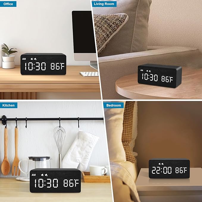 MOSITO Digital Wooden Alarm Clock with Wireless Charging, 0-100% Dimmer, Dual Alarm, Weekday/Weekend Mode, Snooze, Wood LED Clocks for Bedroom, Bedside, Desk, Kids (Black)