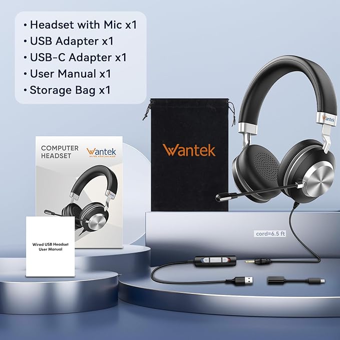 Headset wtih Mic, USB Headset with Microphone for PC, Computer Headset with Noise Canceling Microphone with Mute for Work Home Office Online Skype Zoom Meetings