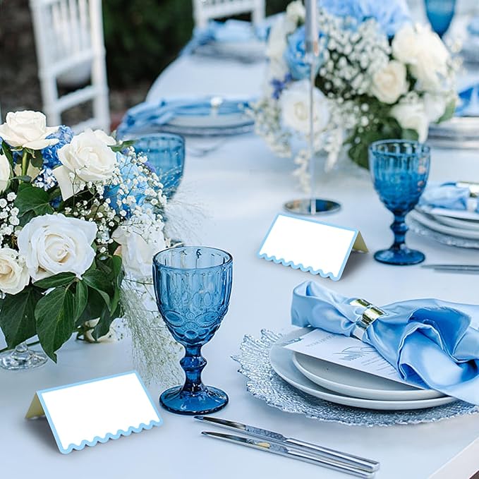 150 PCS Dusty Blue Scalloped Place Cards 2 x 3.5 Inch Blank Tented Place Card Name Cardstock Seat Assignment Label Card Reserved Table Signs Seating Signs for Birthday Wedding Party
