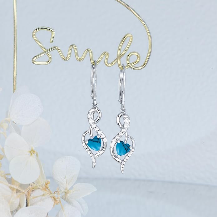Infinity Heart Dangle Drop Earrings for Women, 925 Sterling Silver Birthstone Leverback Earrings, Birthday Anniversary Valentines Day Jewelry Gifts for Women Mom Her