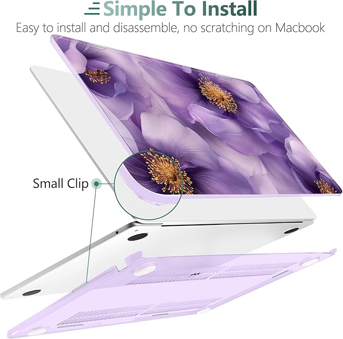 TWOLSKOO Compatible with M4 MacBook Air 13.6 inch Case 2025-2022 Release M4 A3240 M3 A3113 M2 A2681, Plastic Hard Shell & Keyboard Cover & Type C Adapter & Screen Protector, Purple Flowers