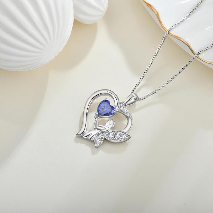 Guardian Angel Necklace 925 Sterling Silver Heart Angel Wings Pendant Birthstone Jewelry for Women