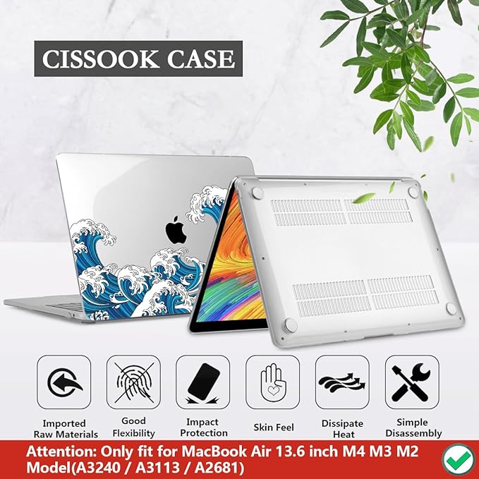 CISSOOK Wave Case for MacBook Air 13.6 inch 2025 2024 2023 2022 Release, Ocean Hard Shell Cover for MacBook Air 13.6 Touch ID Model A2681 A3113 A3240 M2 M3 M4 Chip with Keyboard Cover - Great Wave