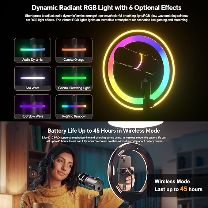 COMICA D10 Pro A Wireless/XLR/USB Dynamic Microphone with Receiver Boom Arm Stand- Dual Channel Cardioid Mic, 45H Battery, RGB Lights, CalMix Denoise for Gaming/Streaming/PD(PC, PS4/5, Mac,Phone)Black