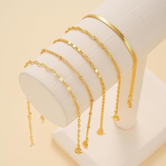 iF YOU Gold Ankle Bracelets for Women, 14k Gold Plated Waterproof Cuban Link Chain Anklets Set, Layered Anklet Bracelets for Women Beach Gift Adjustable Size 5pc