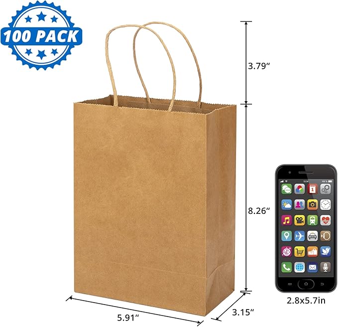 100 Pack Small Brown Kraft Gift Bags with Handles, 5.9x3.15x8.26 inch, Bulk for Birthday Party Favors