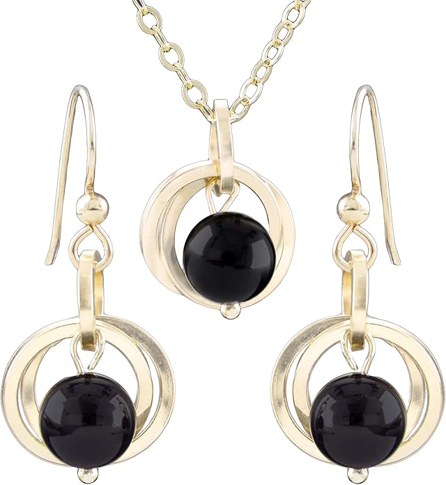 Tahmi Classic Real Black Onyx Gemstone Dangle Earrings and 20 Inch Pendant Necklace on Chain with 14K Yellow Gold-filled Circles Dainty Minimalist Jewelry Gift Set Idea for Women