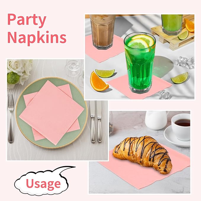 100 Pack Cocktail Napkins Disposable, 2-Ply 5" x 5" Party Napkins, Square Beverage Dinner Napkin for Wedding Birthday Party Anniversary Reception Bar Event (Pink)
