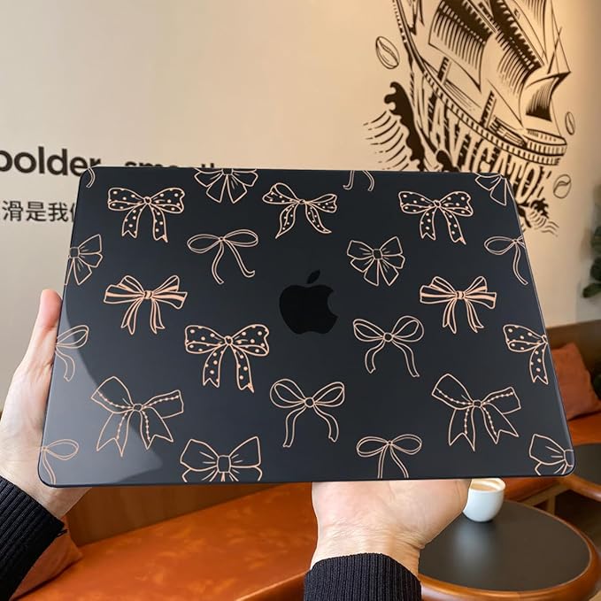 Teryeefi for MacBook Pro 14 inch Case M4 M3 M2 M1 Chip (2025 2024 2023 2021 Release) Model A3112 A3401 A3185 A2918 A2992 A2779 A2442, PC Hard Shell+Keyboard Cover+Type C Adapter, Gold Bows A003