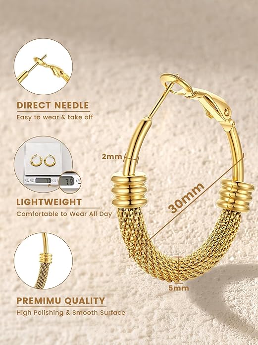 KeyStyle Mesh Hoop Earrings for Women, Stainless Steel Gold Hoops Earring Lightweight Loops, 2MM Thick Hypoallergenic Circle Endless Hollow Hoop 20mm-80mm