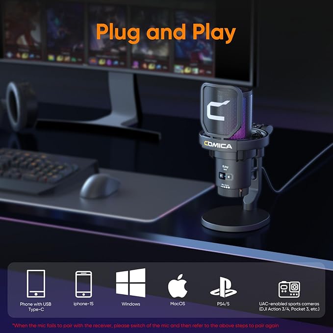 COMICA EJoy Uni USB Gaming Microphone for PC, PS4, PS5, and Mac, RGB Computer Mic for, Twitch/Streaming/Podcasting/YouTube/Recording, Noise Cancellation Mic with Mute, Gain, Monitoring