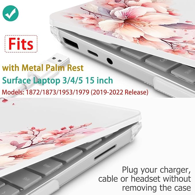 Tuiklol Case for 15 Inch Microsoft Surface Laptop 5/4/3 2022-2020, Model 1979/1953/1872/1873 Hard Shell Cover, Keyboard Cover+Screen Protector+Dust Plugs,Pink Big Flower