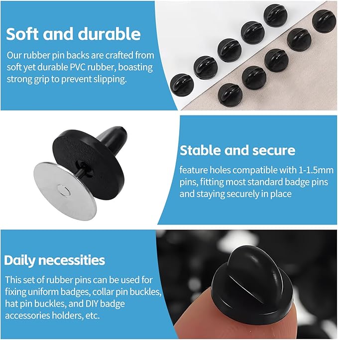 50PCS Rubber Pin Backs – PVC Lapel Pin Backings, Replacement for Enamel Pins, Badges, Hats, Brooch, Tie Tack, Butterfly Clutch Cap Keepers – Securely Hold Pins & Accessories - Black