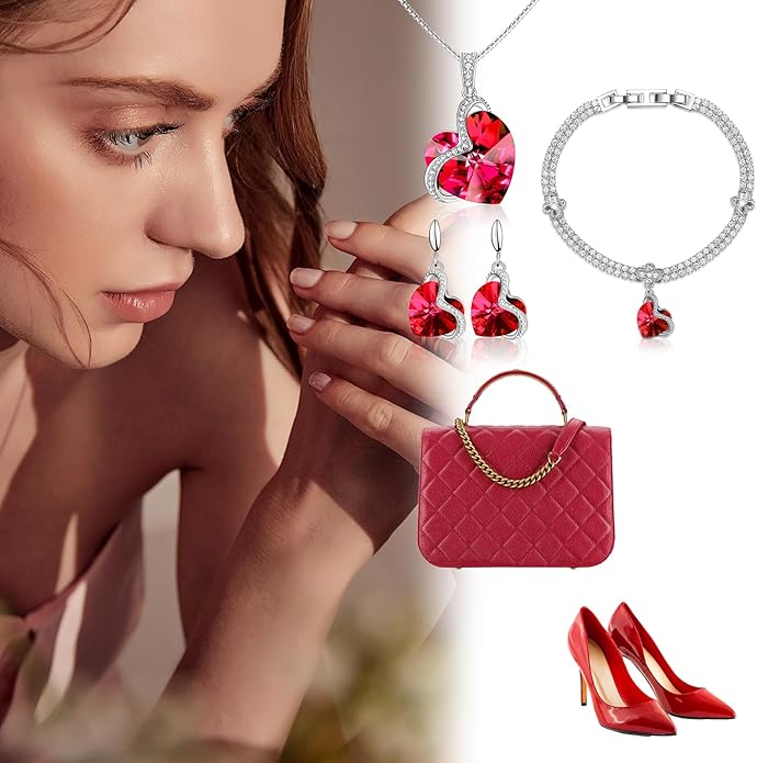 Blissful Heart Crystal Jewelry Sets For Women 18K White Gold Plated Bracelet Necklace and Earrings Sets for Wife Girlfriend or Mothers Idea Gift for Special Women in Life