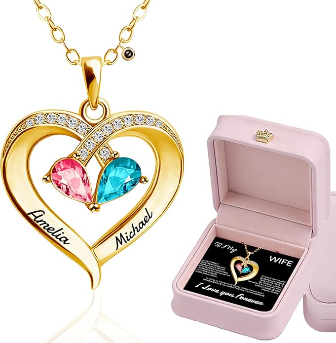 Jewelry To My Wife Necklace, Personalized Necklace Engraved Name jewelry, Custom Projection Photo Birthstone Heart Necklaces for Women, for Valentine's Day Anniversary