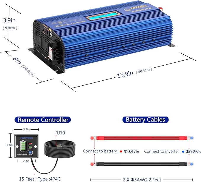 Power Inverter 2000w DC 12V to AC 120V ETL UL458 Compatible with Lithium Battery for Off-Grid Solar Car RV Truck Boat with LCD Display Remote Control 2 AC Outlets Dual 2.4A USB Ports by VOLTWORKS