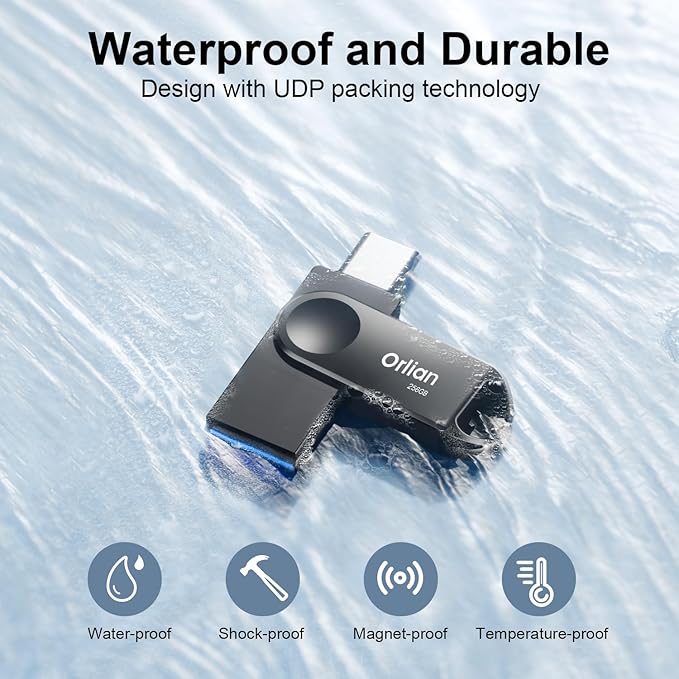 256GB USB-C & USB-A Dual Flash Drive, Waterproof, Metal, Slim Thumb Drive, OTG for PC, Smartphone, Tablet