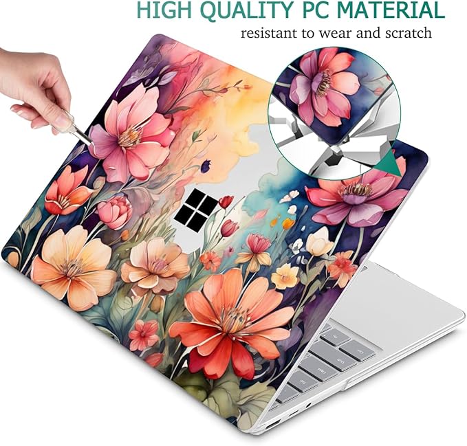 Tuiklol Case for 15 Inch Microsoft Surface Laptop 5/4/3 2022-2020, Model 1979/1953/1872/1873 Hard Shell Cover, Keyboard Cover+Screen Protector+Dust Plugs,Ilustration Flowers