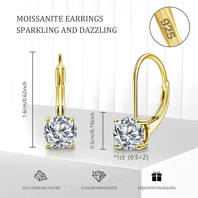 Moissanite Earrings, White Gold Plated Soild Sterling Silver Dangle Earrings 1.0ct-2.0ct D Color Brilliant Round Cut Lab Created Moissanite French Leverback Drop Earring for Women