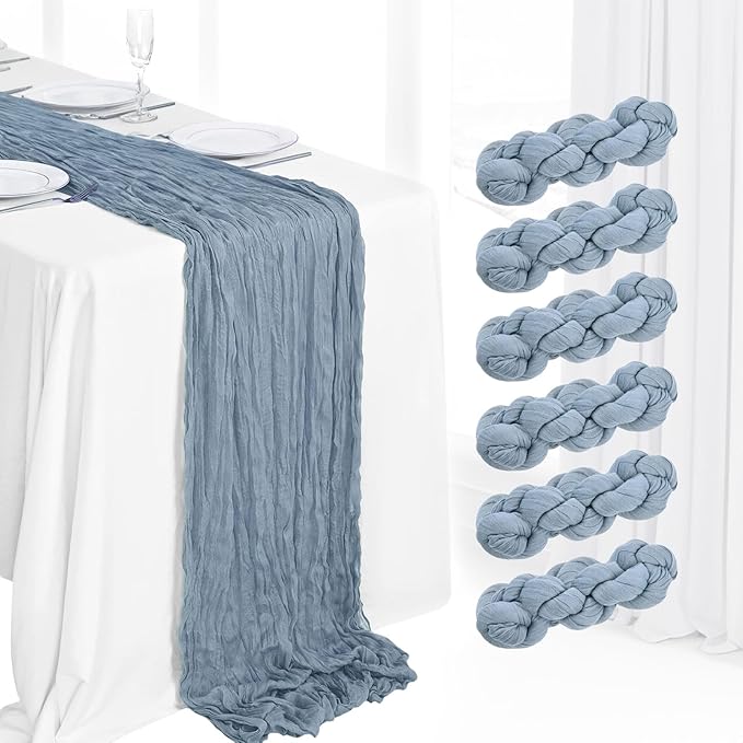 6 Pack Boho Gauze Cheesecloth Long Rustic Sheer Table Runner for Wedding, Bridal, Baby Shower, Birthday Party, Cake Table, Arbor Decorations (Dusty Blue)