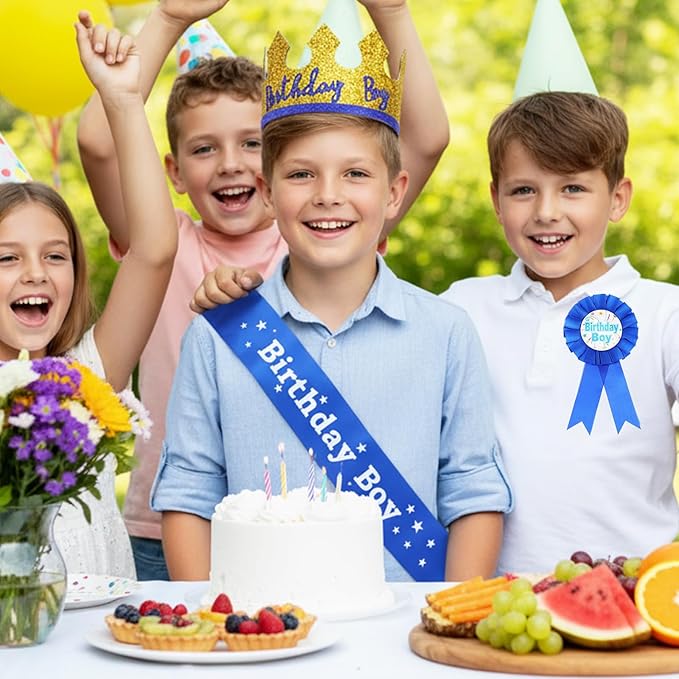 Birthday Boy Pin Sash Crown Set, Birthday Crown Costume Decorations for Boys Party Accessories (Blue)