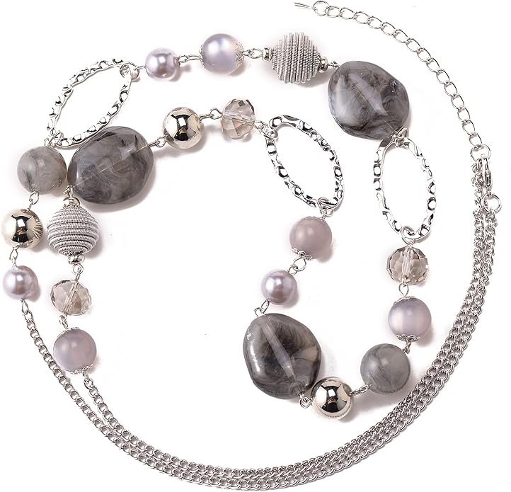 BULINLIN Beaded Long Necklace for Women Silver Sweater Chain Necklace with Crystal Resin Beads, Fashion Jewelry Necklace