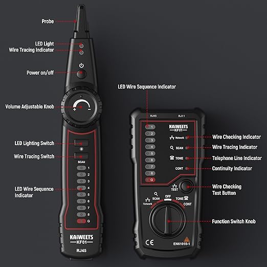 KAIWEETS Network Cable Tester, RJ45 RJ11 Wire Tracer Line Finder, Tone Generator and Probe Kit, Cable Tracer Ethernet LAN Network Cat5 Cat6 for Cable Collation, Telephone Line Test