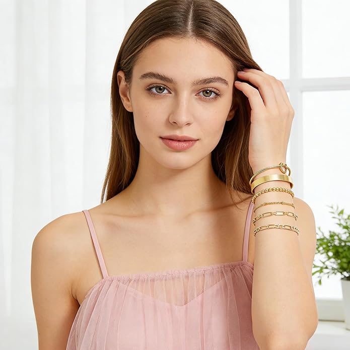 6 Pcs Chic Gold Bracelets for Women 14K Gold Plated Stack Bracelets for Women Stackable Bracelets for Women Fashion Jewelry