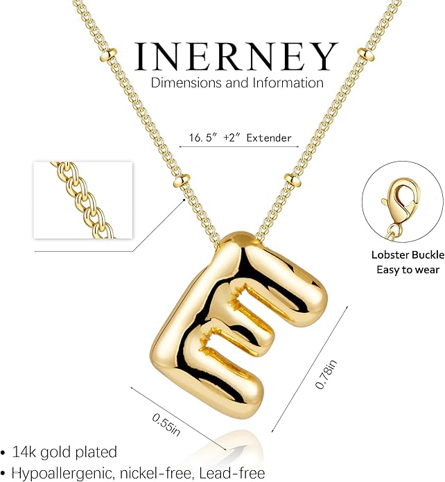 Inerney Valentines Day Gifts Gold Bubble Letter Necklace Initial Necklaces for Women, Chunky 14K Plated Balloon Initials, Trendy Charm Non Tarnish Custom Name Pendant Jewelry Gifts for Mom